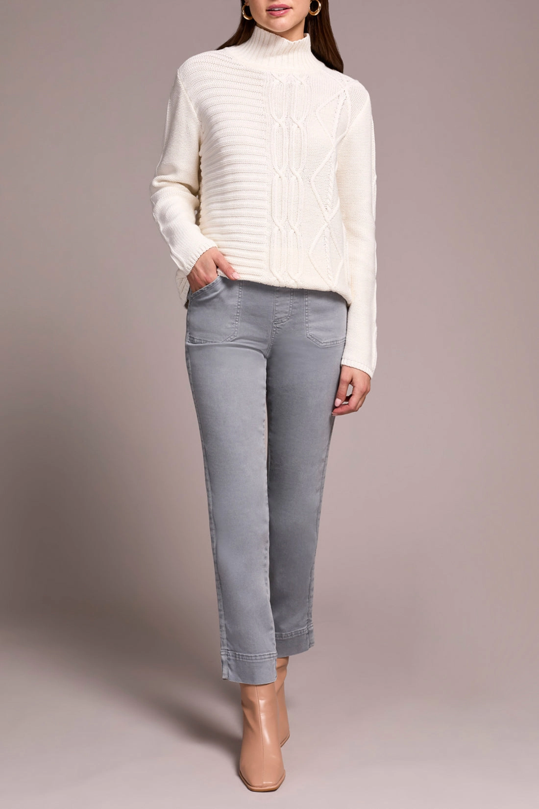 TaglessComfort Double Chest Pocket Tribal Mock Neck Sweater in Cream
