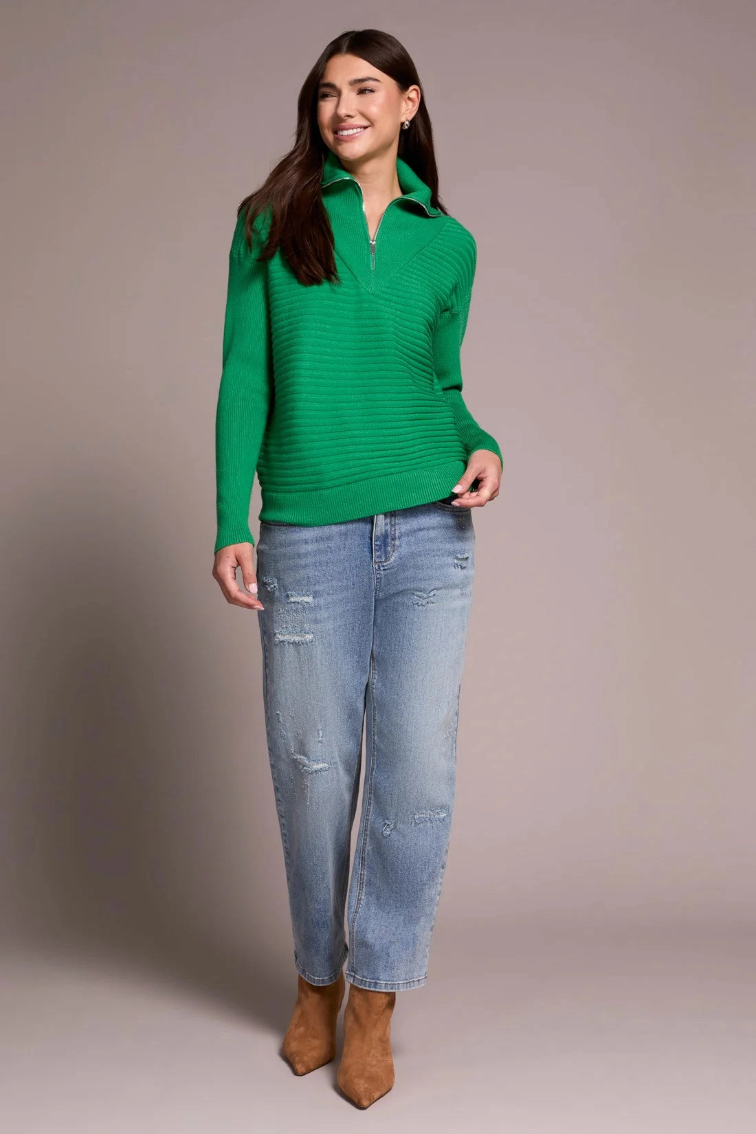 Tribal Soft Zip-Up V-Neck Sweater in Fieldgreen MoistureWicking Technology Warm Fabric