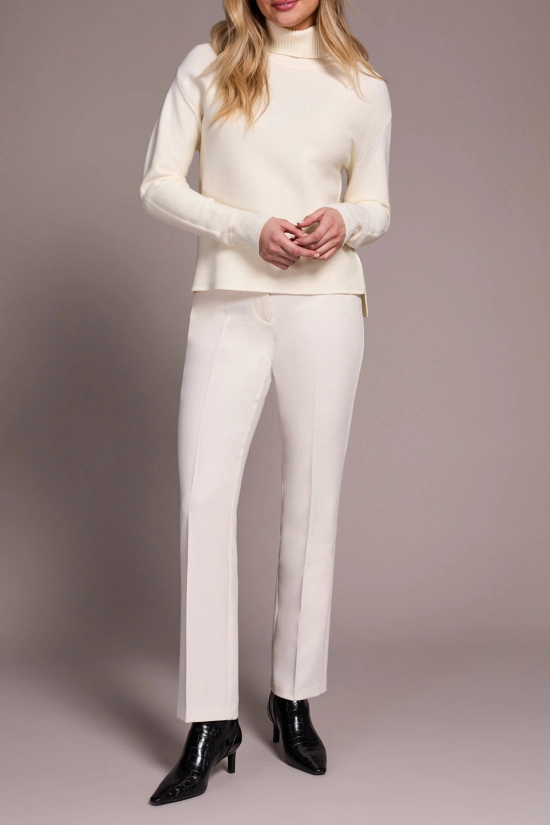 Tribal Turtleneck High Low Sweater in Cream Flatlock stitching