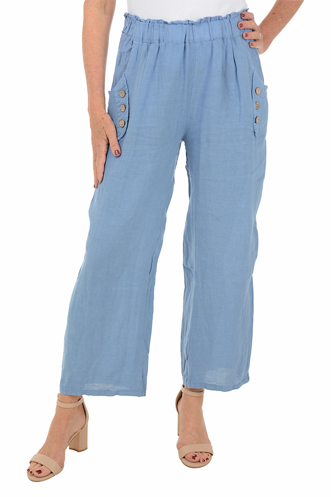AntiSnagZippers Triple Button Linen Wide Leg Pant