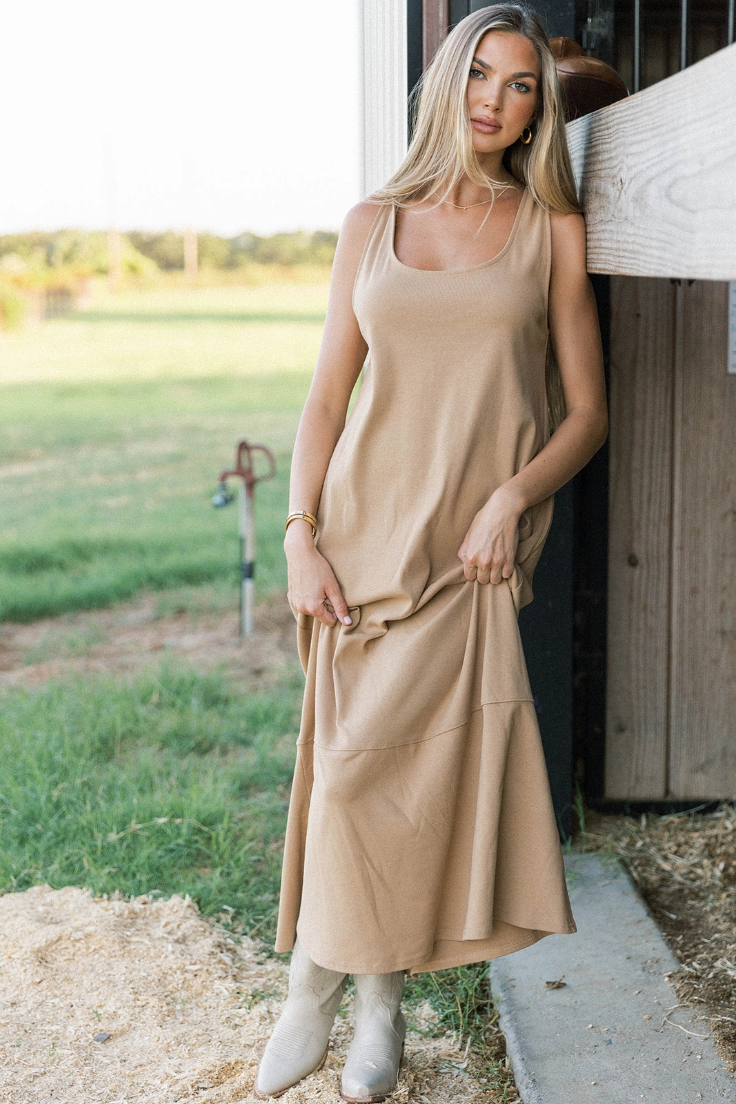 Fluid Shape packable Taryn 100% Cotton Open Back Knit Maxi Dress in Camel
