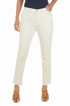 Seamless Design Triple Tiered Fringe Denim Twill Ankle Pant