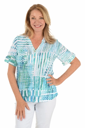 WrinkleFree Fabric Soft Pullover Tropical Spots Collared Knit Top