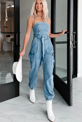 Flexible Knit Fabric Ignite Your Passion Denim Cargo Jumpsuit (Denim)