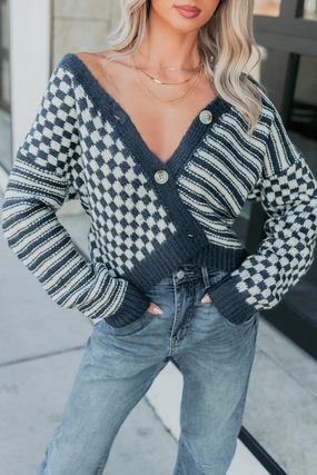 Tucked Away Checkered Stripe Knit Cardigan (Navy/Cream) Non Closure Collar