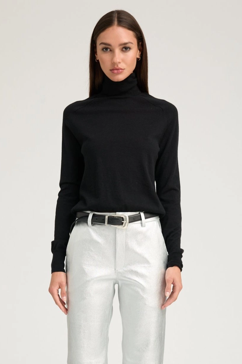BrushedInnerLining WrinkleFree Weaving Black Cashmere Turtleneck Sweater
