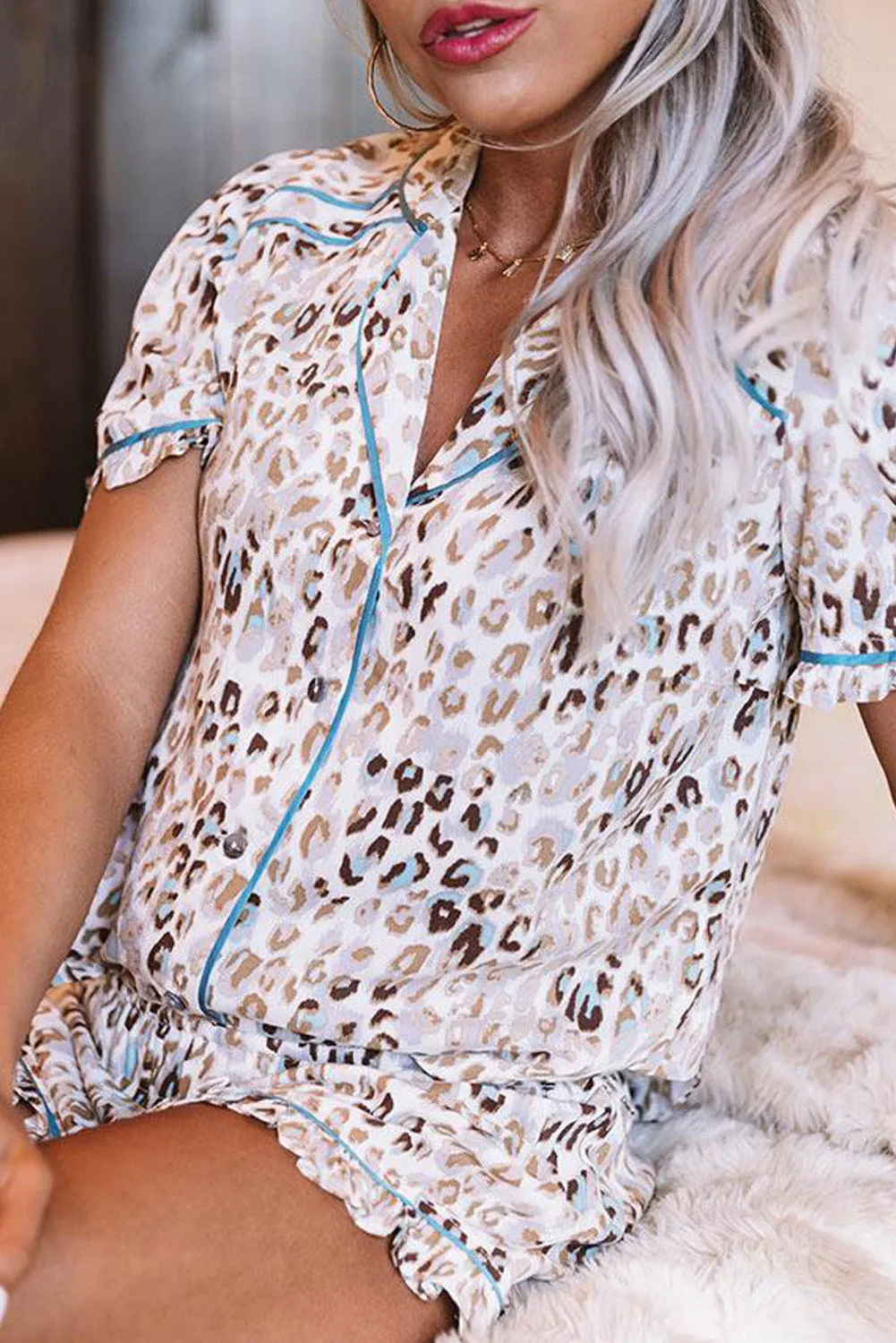 Turnover Collar Frilled Cuff Short Sleeve Pyjama Set