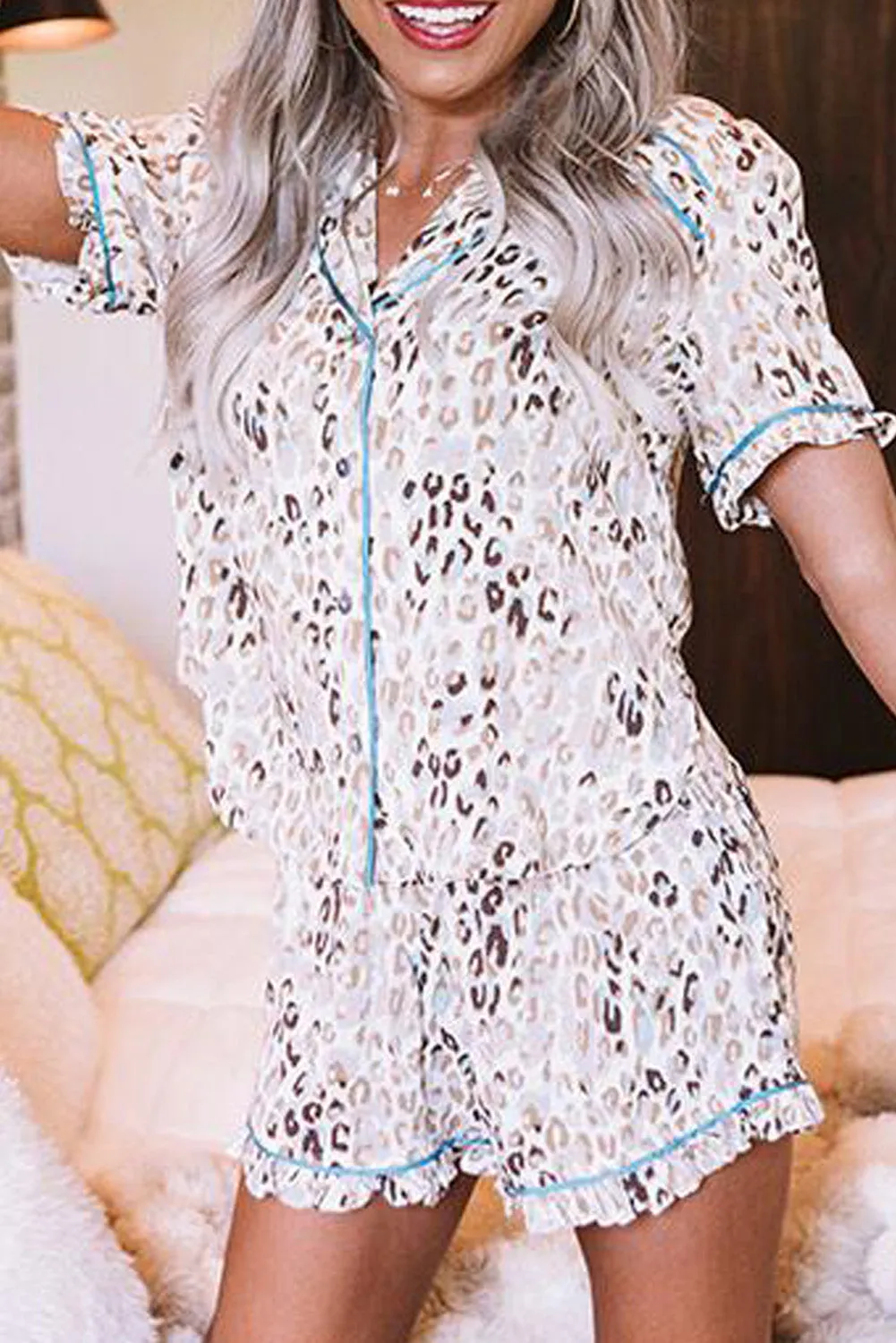 Turnover Collar Frilled Cuff Short Sleeve Pyjama Set