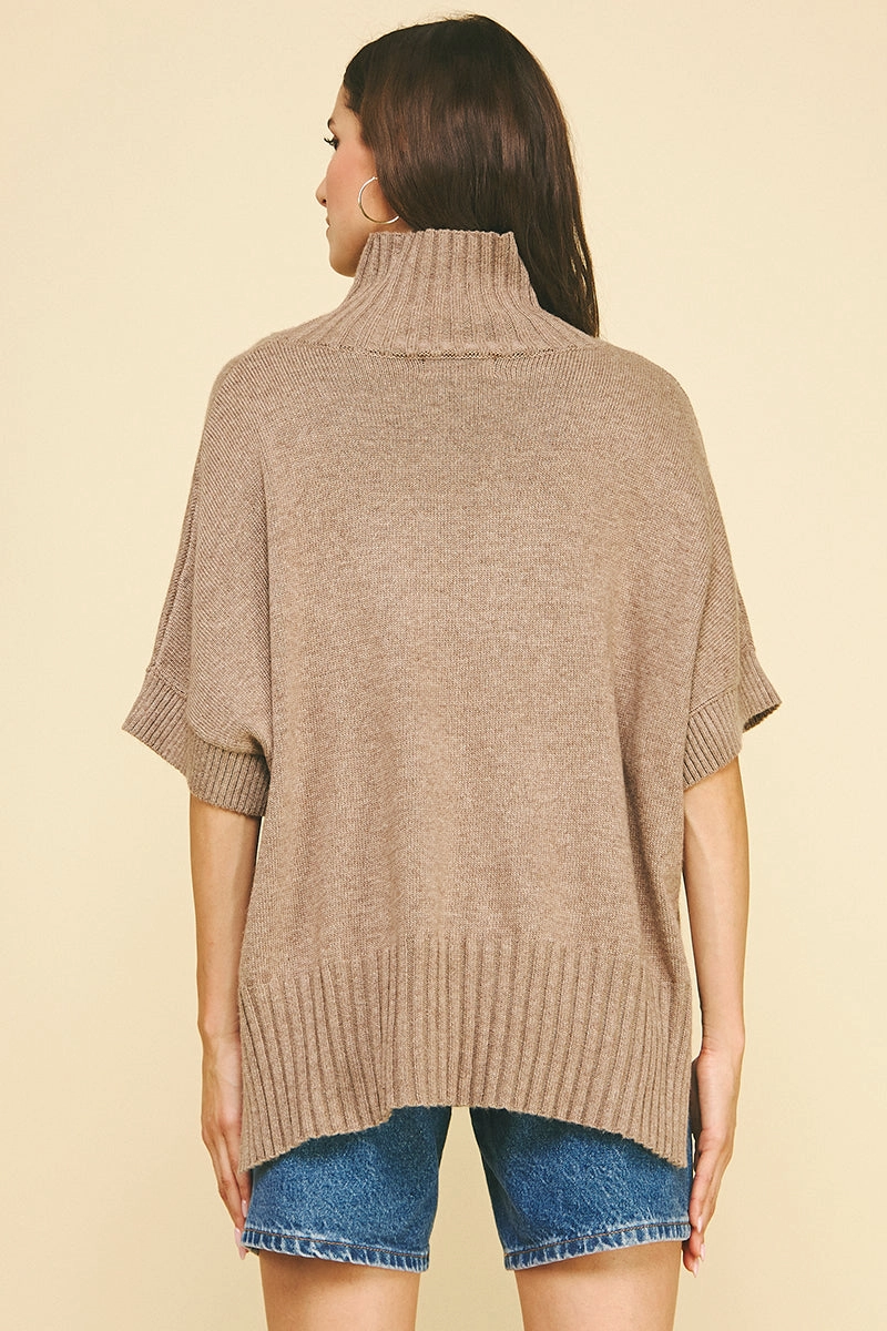 Lightweight Knit Turtle Neck Short Sleeve Sweater in Coco