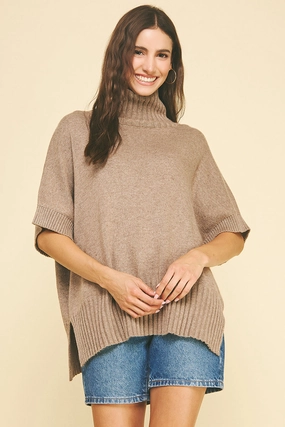 Bamboo Fiber Fabric ElasticEdgeBinding Turtle Neck Short Sleeve Sweater in Coco