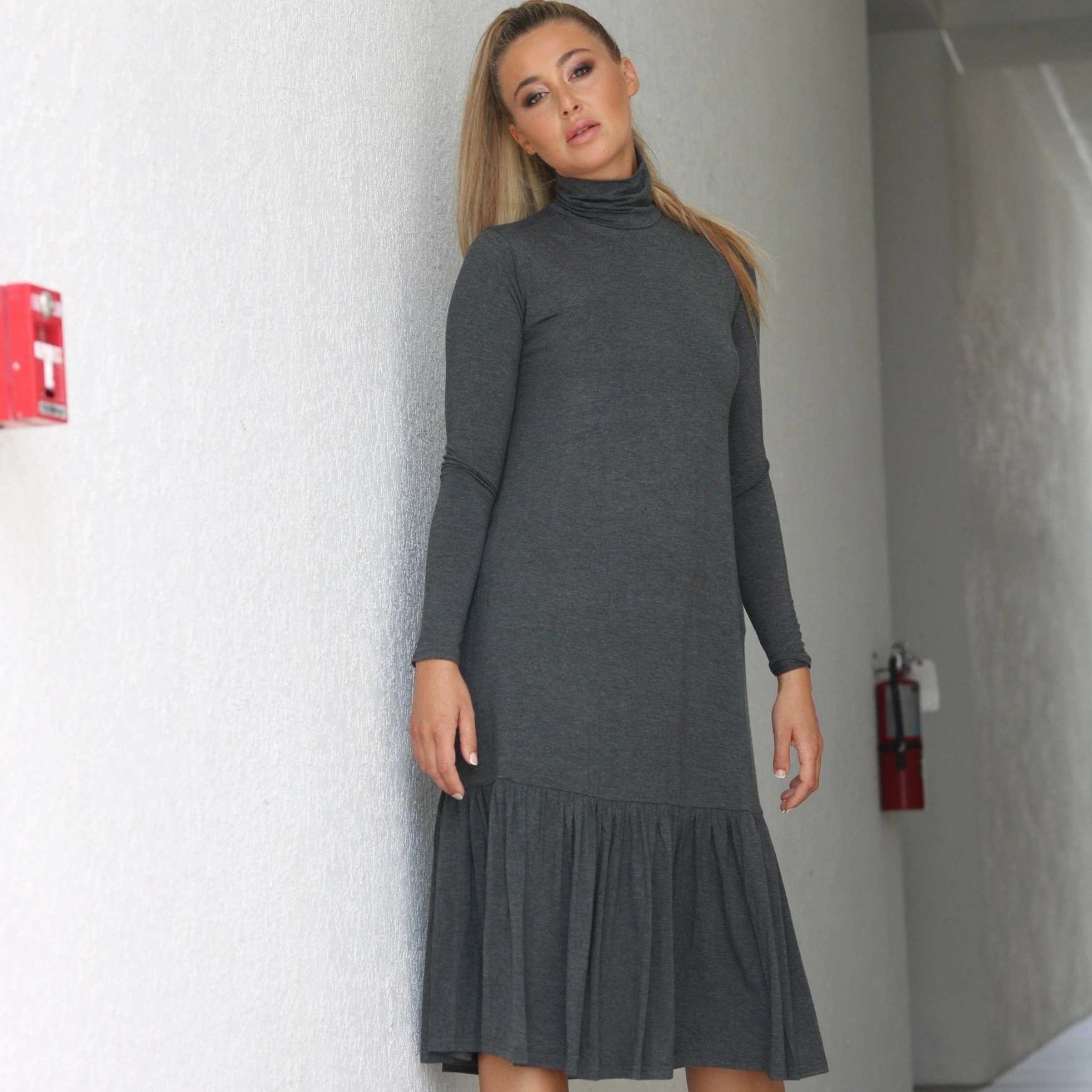 Confident Touch Refined Style Turtleneck Dress | Grey [Final Sale]