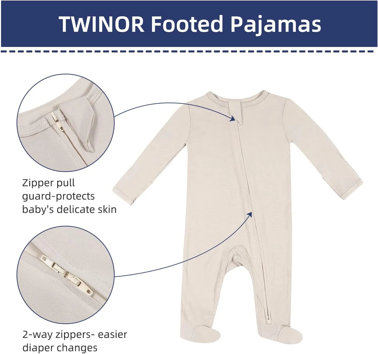 TWINOR Baby Footed Pajamas with Mittens, Soft Bamboo Viscose One-Piece Romper for Newborn Infant 2-Pack