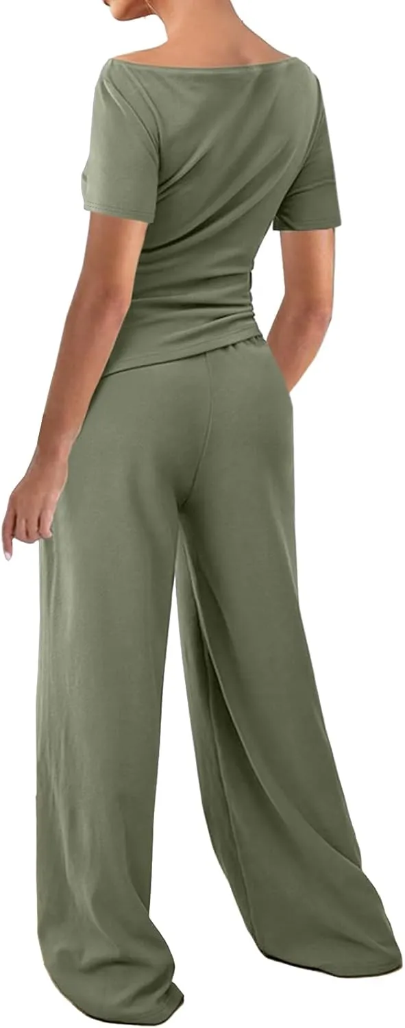 Two Piece Lounge Set for Women Summer Short Sleeve Tops Wide Leg Pants Tracksuit Matching Workout Sets