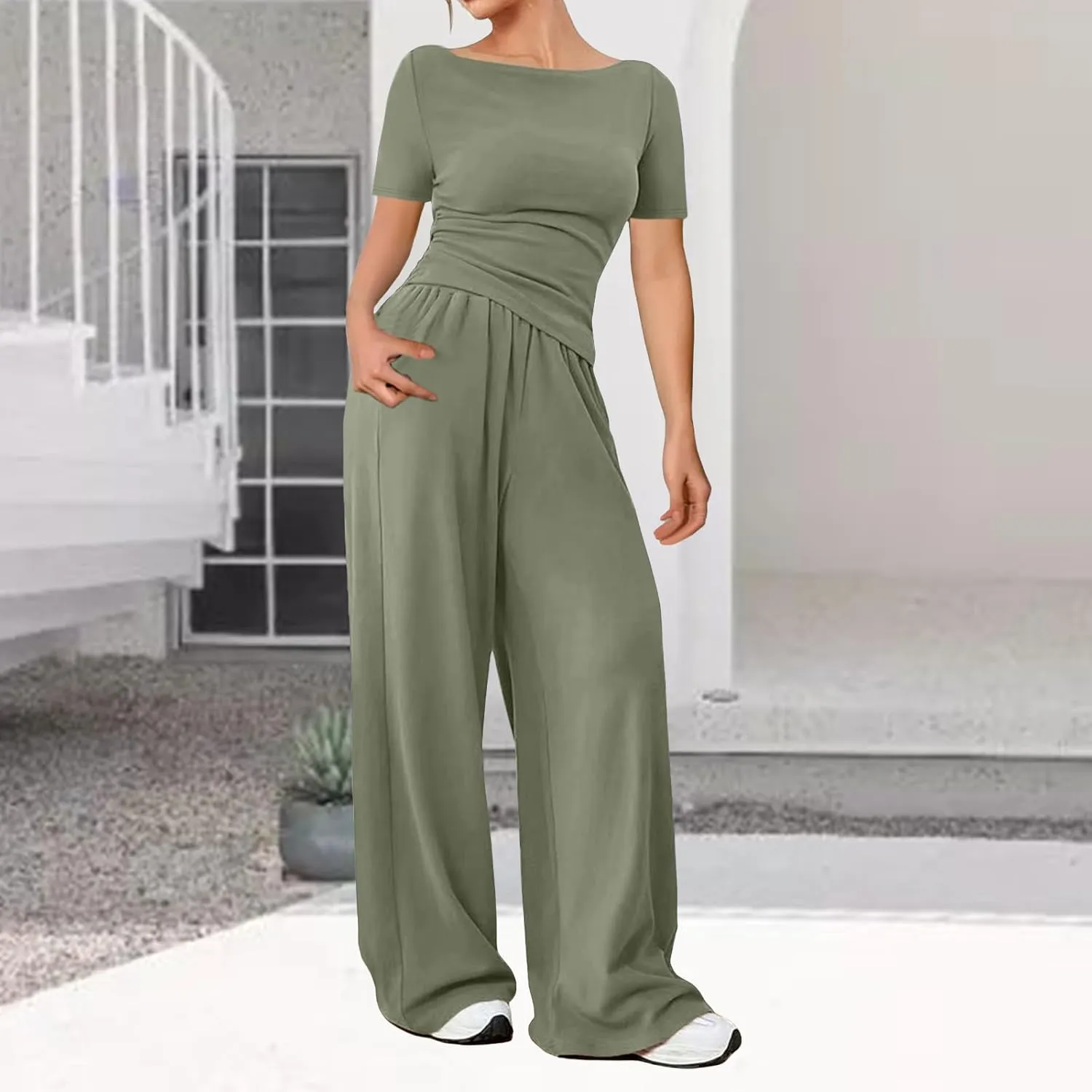 Two Piece Lounge Set for Women Summer Short Sleeve Tops Wide Leg Pants Tracksuit Matching Workout Sets