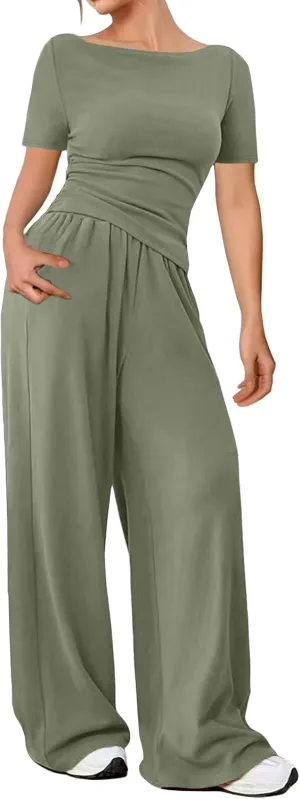 Two Piece Lounge Set for Women Summer Short Sleeve Tops Wide Leg Pants Tracksuit Matching Workout Sets