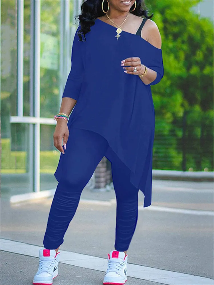 Two Piece One Shoulder Solid Color Tops  Pants