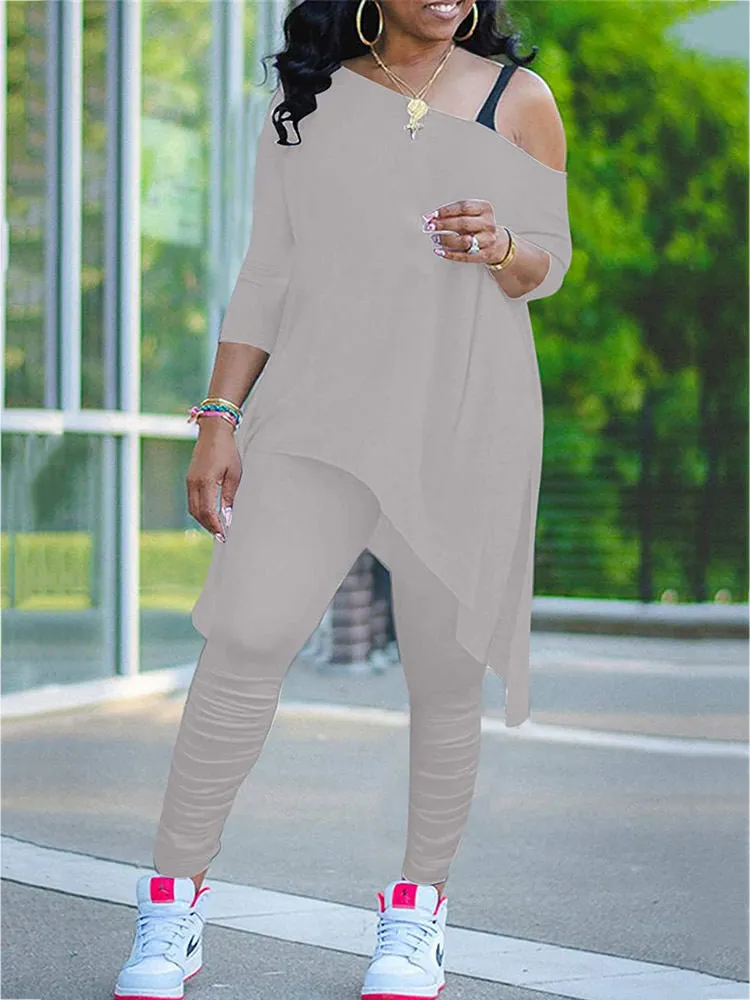 Two Piece One Shoulder Solid Color Tops  Pants