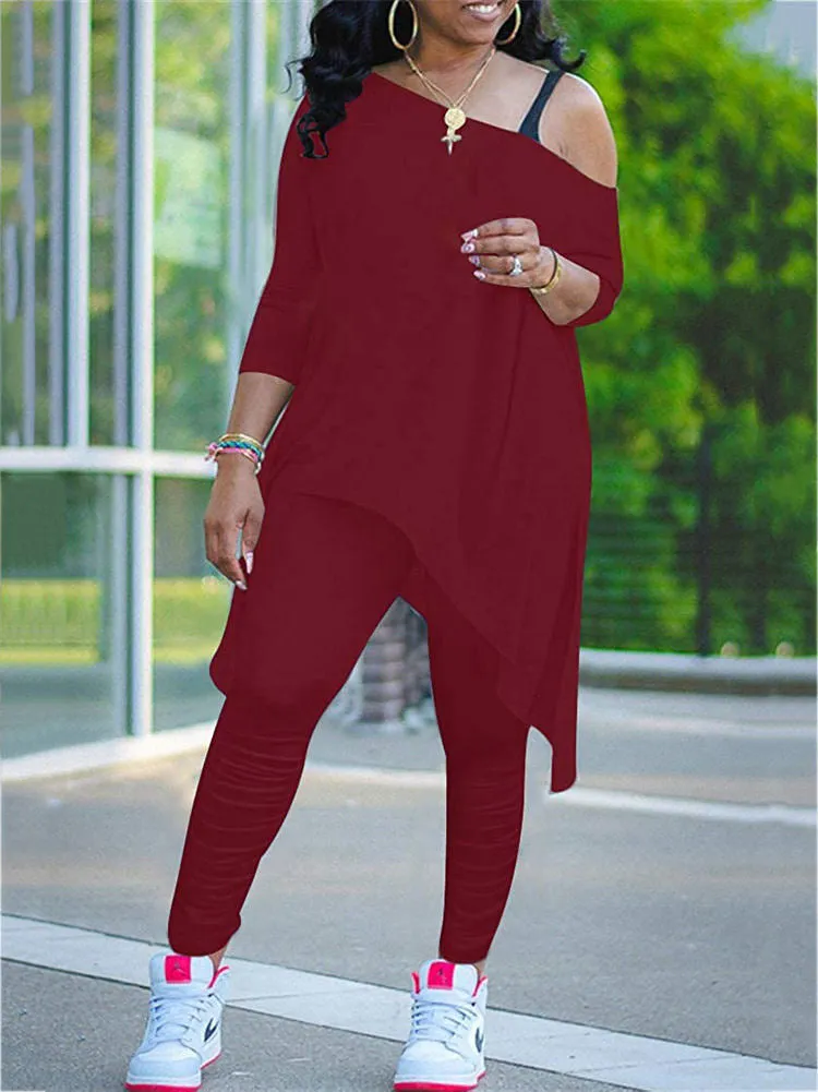 Two Piece One Shoulder Solid Color Tops  Pants