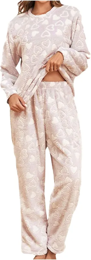Two Piece Pajamas Sets for Women Fleece Fuzzy Long Sleeve Pullover Pants Heart Print Pajamas Sets Warm Lounge Outfits