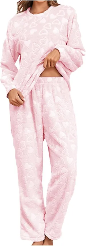 Two Piece Pajamas Sets for Women Fleece Fuzzy Long Sleeve Pullover Pants Heart Print Pajamas Sets Warm Lounge Outfits