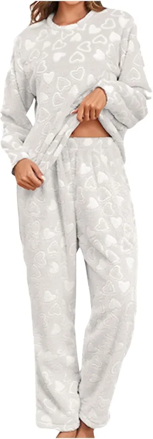Two Piece Pajamas Sets for Women Fleece Fuzzy Long Sleeve Pullover Pants Heart Print Pajamas Sets Warm Lounge Outfits