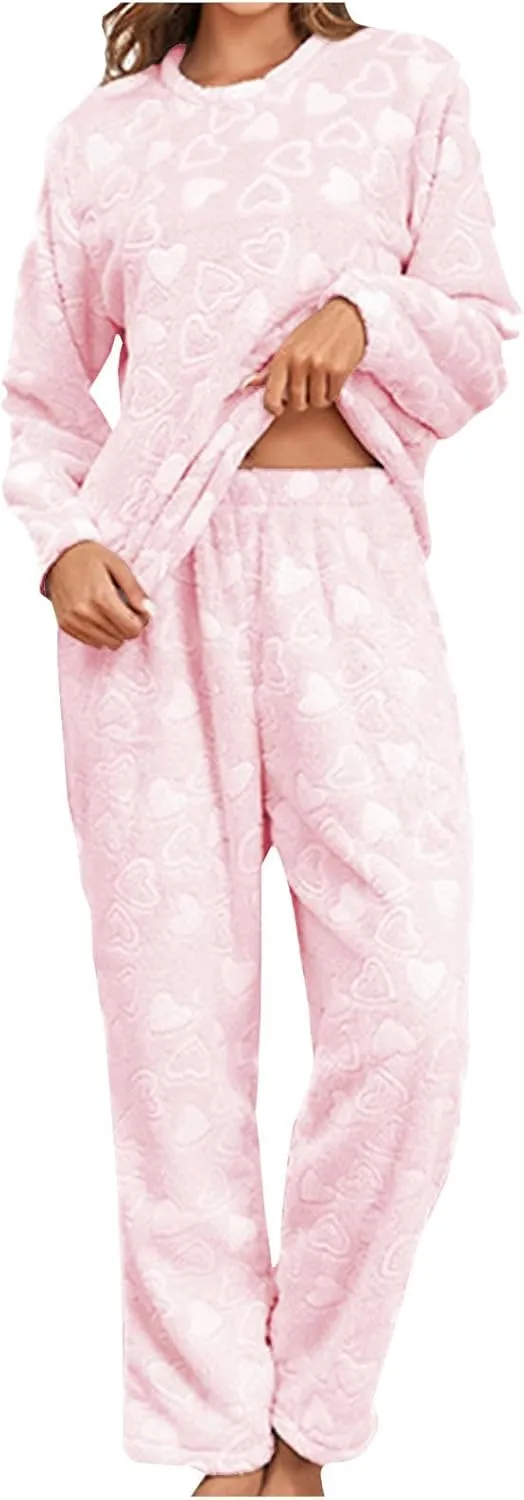Two Piece Pajamas Sets for Women Fleece Fuzzy Long Sleeve Pullover Pants Heart Print Pajamas Sets Warm Lounge Outfits