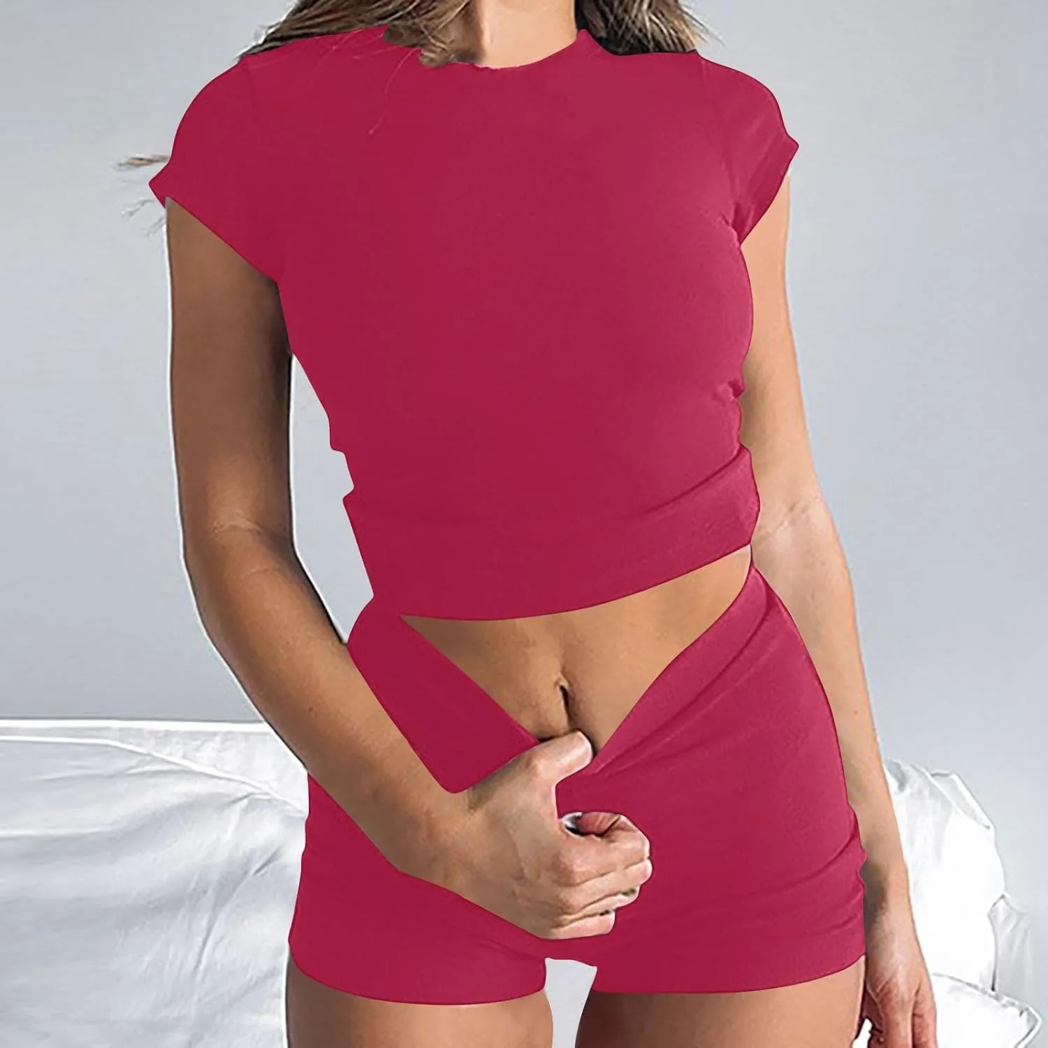 Two Piece Set Casual Matching Outfits Short Sleeve Crew Neck Tops Biker Shorts Set Fashion Trendy Clothing Summer