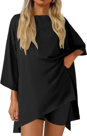 Two Piece Set for Women Matching Oversized Tops&Biker Shorts Set Loose Fit Outfit Summer Vacation Outfit 2025