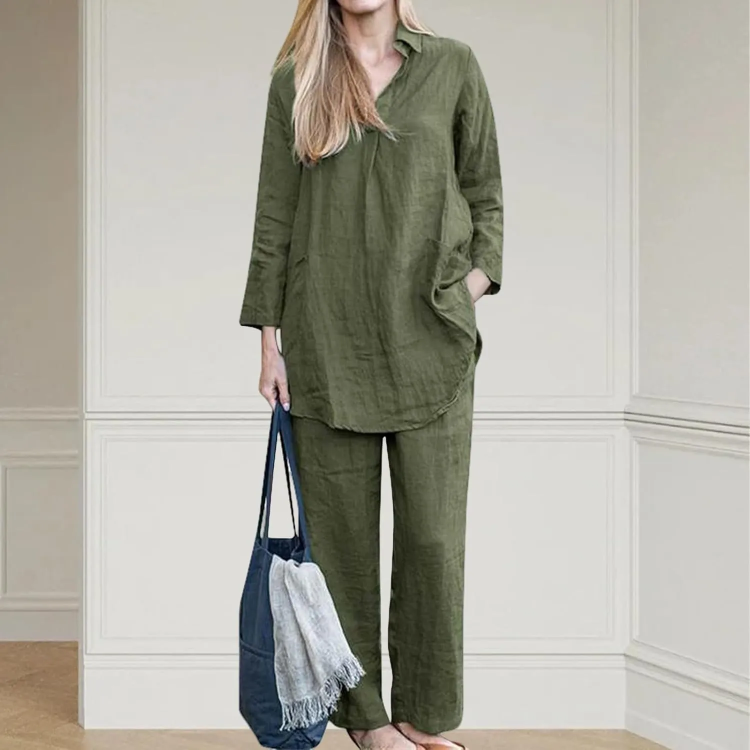 Two Piece Set for Women Plus Size Outifts Cotton Linen Long Sleeve&Wide Leg Pants Oversized Outifts Summer Set 2025