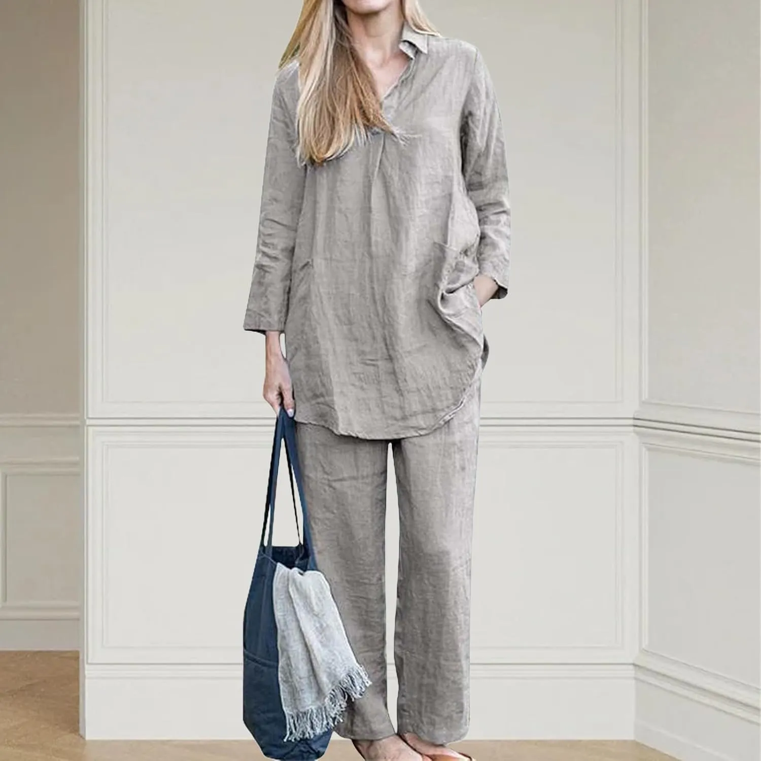 Two Piece Set for Women Plus Size Outifts Cotton Linen Long Sleeve&Wide Leg Pants Oversized Outifts Summer Set 2025