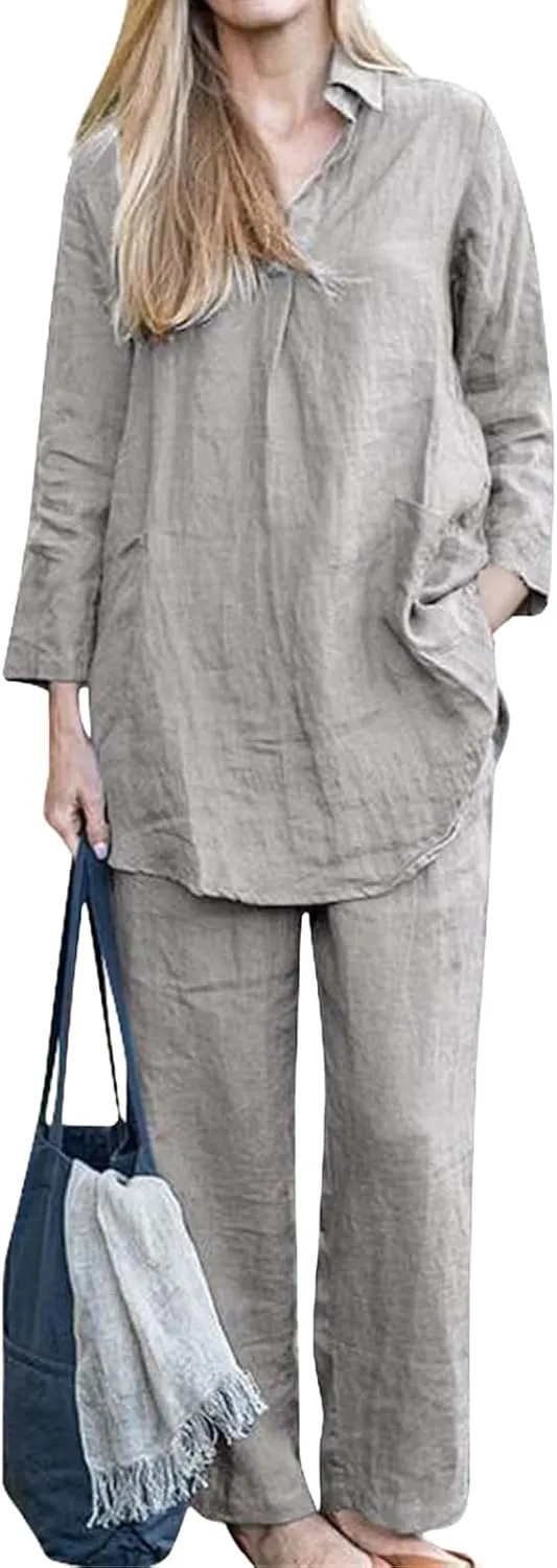 Two Piece Set for Women Plus Size Outifts Cotton Linen Long Sleeve&Wide Leg Pants Oversized Outifts Summer Set 2025