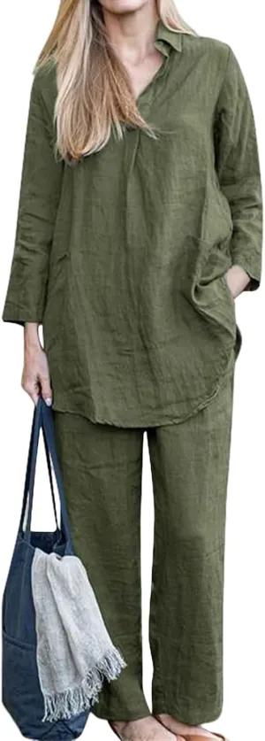 Two Piece Set for Women Plus Size Outifts Cotton Linen Long Sleeve&Wide Leg Pants Oversized Outifts Summer Set 2025