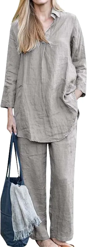 Two Piece Set for Women Plus Size Outifts Cotton Linen Long Sleeve&Wide Leg Pants Oversized Outifts Summer Set 2025
