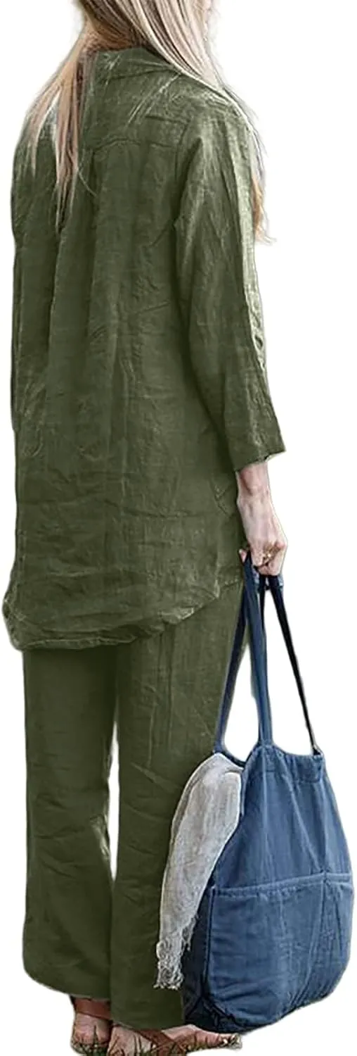 Two Piece Set for Women Plus Size Outifts Cotton Linen Long Sleeve&Wide Leg Pants Oversized Outifts Summer Set 2025