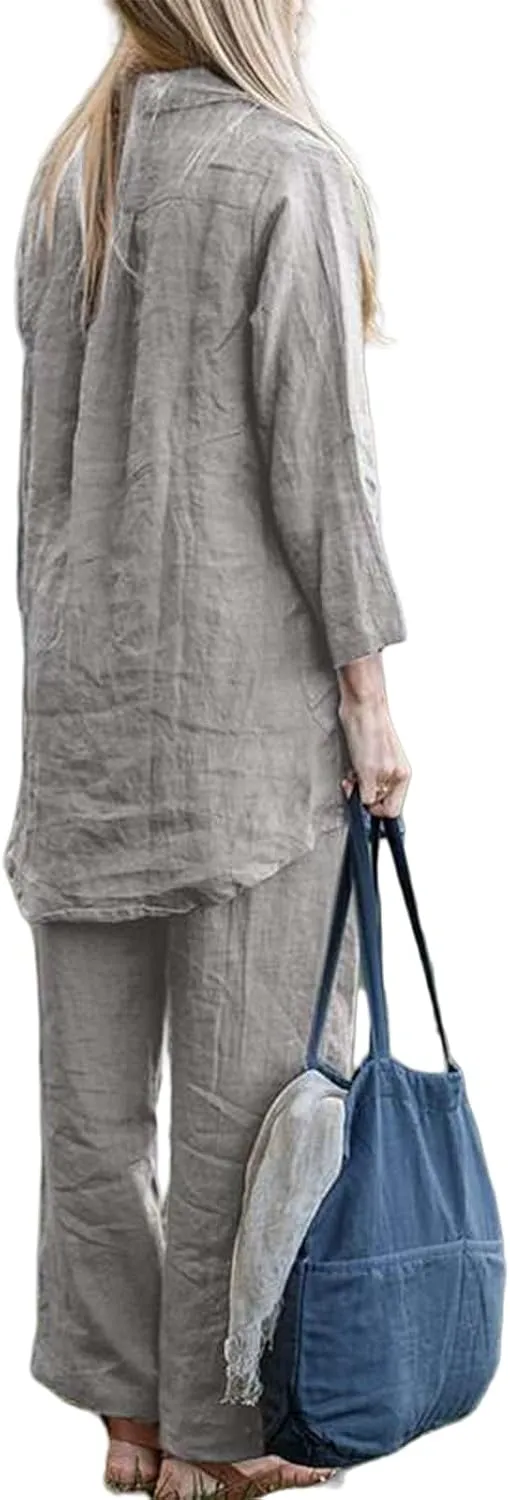 Two Piece Set for Women Plus Size Outifts Cotton Linen Long Sleeve&Wide Leg Pants Oversized Outifts Summer Set 2025