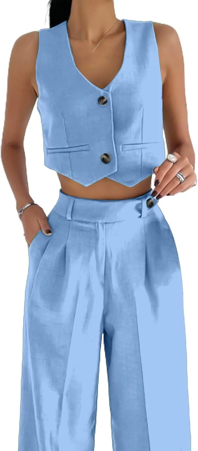 Two Piece Set for Women Summer Button Down Sleeveless Vest&Wide Leg Pants Set Fashion Lounge Outifts 2025