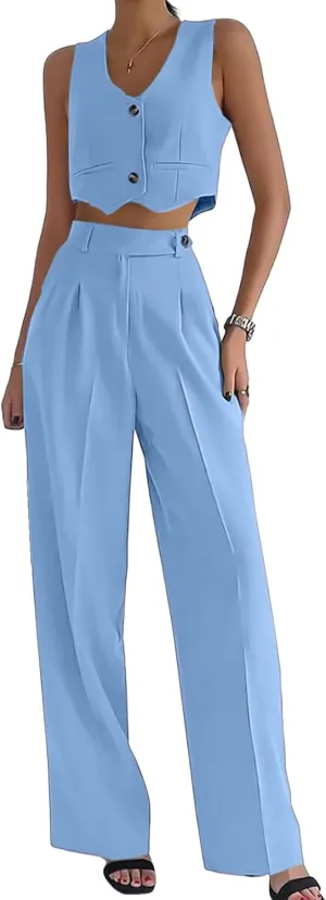 Two Piece Set for Women Summer Button Down Sleeveless Vest&Wide Leg Pants Set Fashion Lounge Outifts 2025