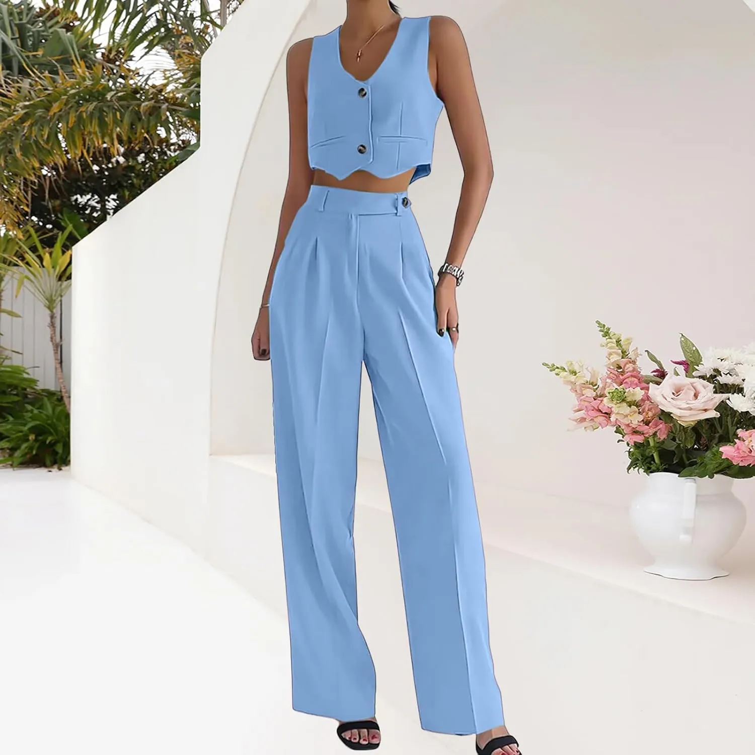 Two Piece Set for Women Summer Button Down Sleeveless Vest&Wide Leg Pants Set Fashion Lounge Outifts 2025