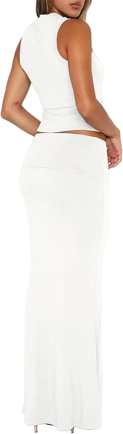 Two Piece Sets for Women Going Out Sleeveless Crew Neck Crop Tops Maxi Skirt Set Summer Lounge Outfit 2025