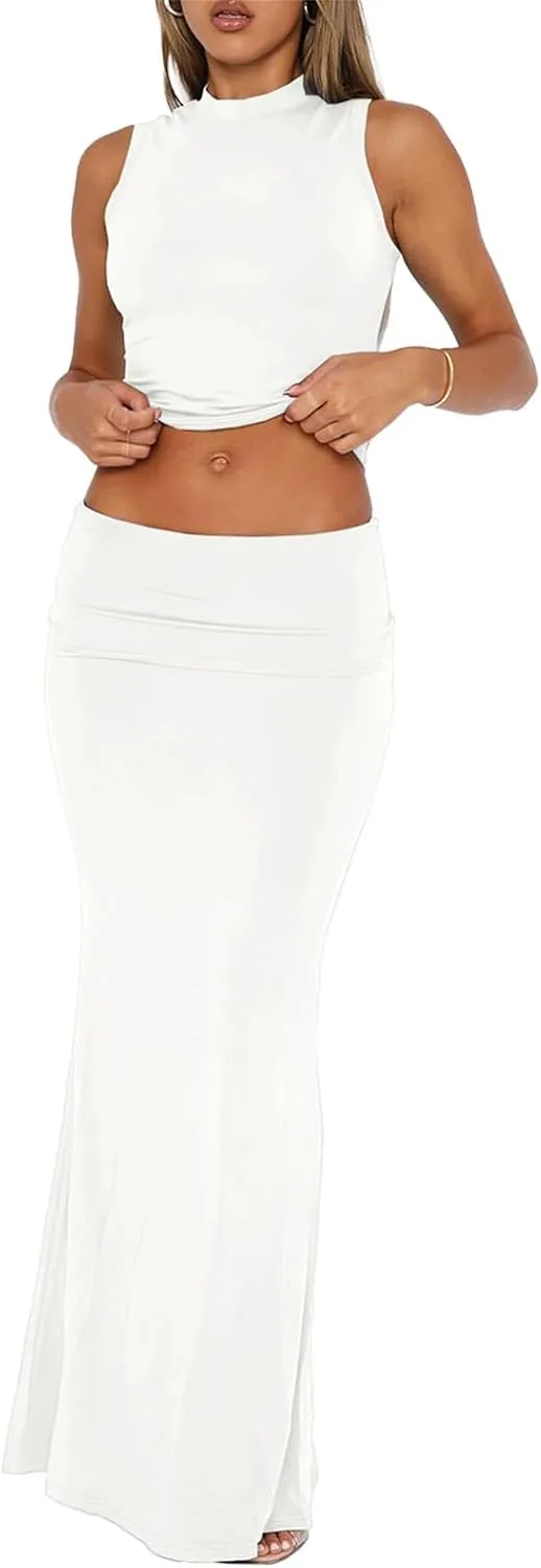 Two Piece Sets for Women Going Out Sleeveless Crew Neck Crop Tops Maxi Skirt Set Summer Lounge Outfit 2025