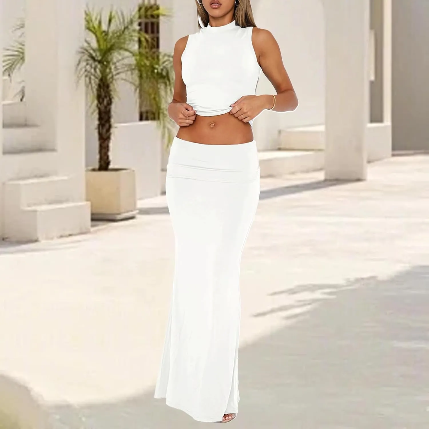 Two Piece Sets for Women Going Out Sleeveless Crew Neck Crop Tops Maxi Skirt Set Summer Lounge Outfit 2025
