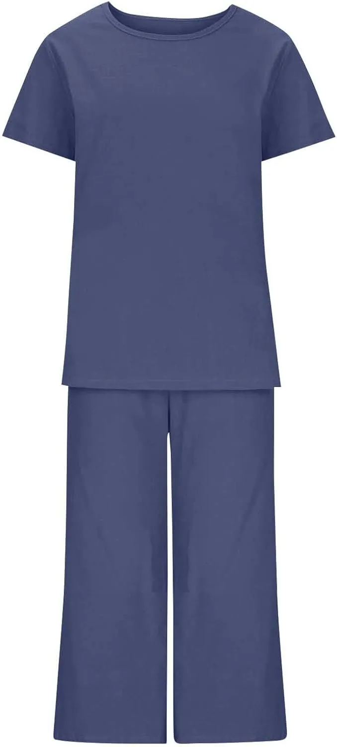 Two Piece Sets for Womens Summer Casual Linen Shirts Comfy Bermuda Shorts Set Loose Comfy Lounge Vacation Resort Wear