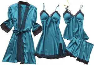 Uillui Silk Pajamas for Women 4 Piece Loungewear Lace Trim Cami Pj Short Sets Belted Robe Sleepshirts Shorts Sexy Nightgowns