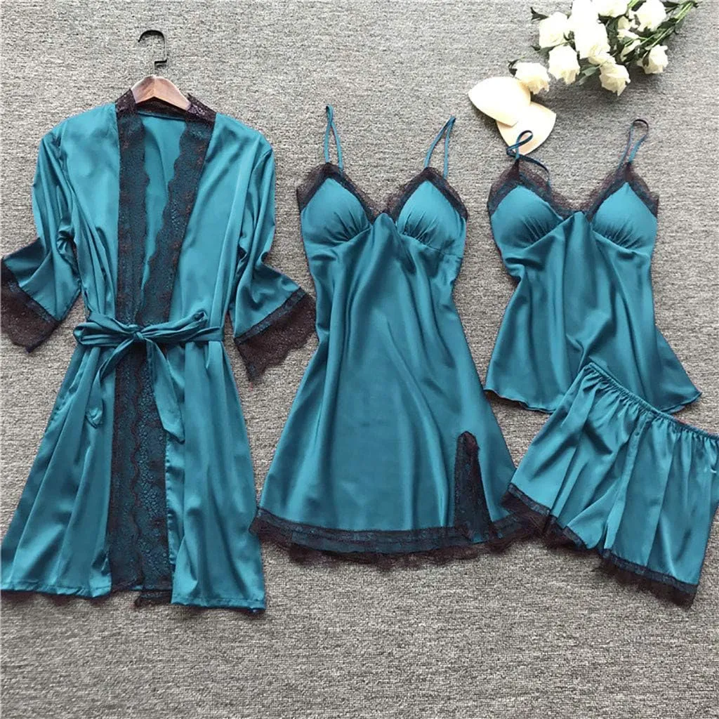 Uillui Silk Pajamas for Women 4 Piece Loungewear Lace Trim Cami Pj Short Sets Belted Robe Sleepshirts Shorts Sexy Nightgowns
