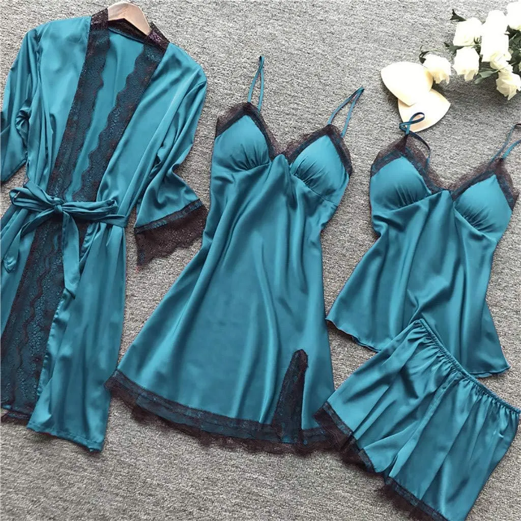 Uillui Silk Pajamas for Women 4 Piece Loungewear Lace Trim Cami Pj Short Sets Belted Robe Sleepshirts Shorts Sexy Nightgowns