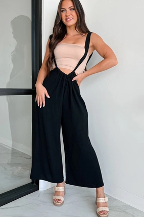Casual Button-Down Midweight Texture Casual Conversations Suspender Jumpsuit (Black)