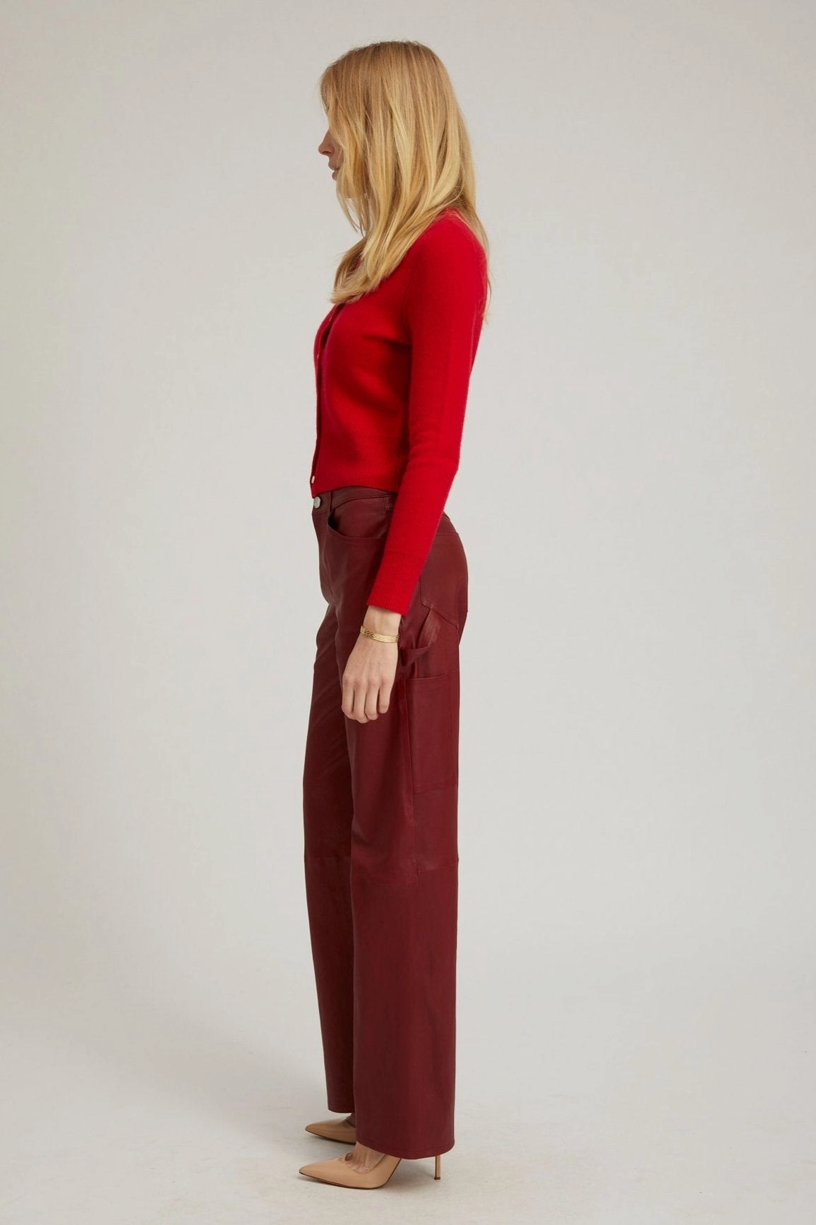Multi Pocket Configuration Flat Lock Stitching Cherry Leather Carpenter Pants