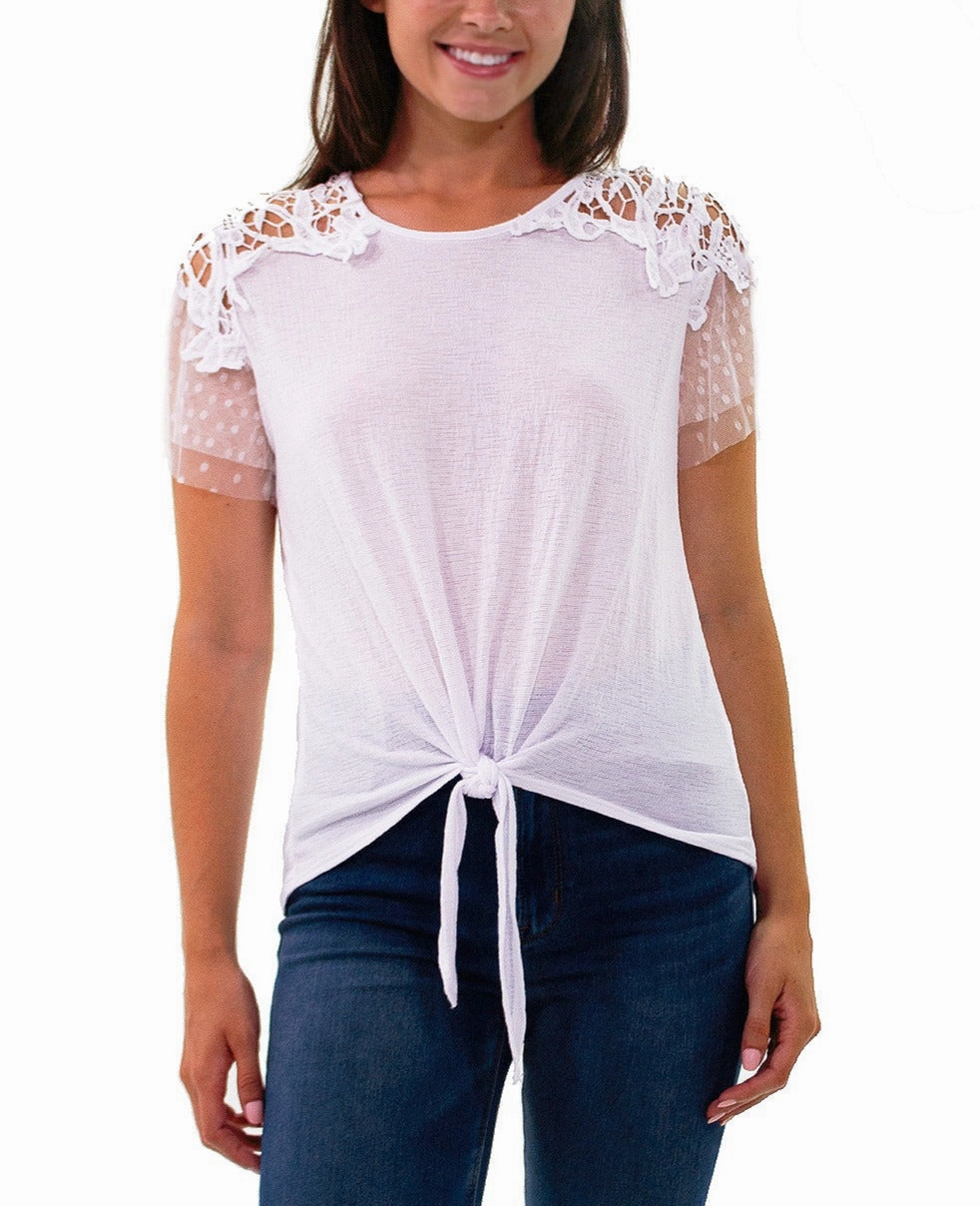 Petite Short Point De Sprit Sleeve Top With Crochet Detail And Knotted Hem Eco Conscious Dye Process Linen Blend Fabric