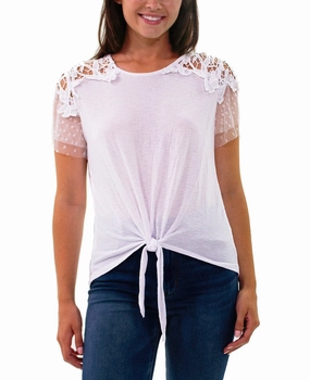 Petite Short Point De Sprit Sleeve Top With Crochet Detail And Knotted Hem Eco Conscious Dye Process Linen Blend Fabric