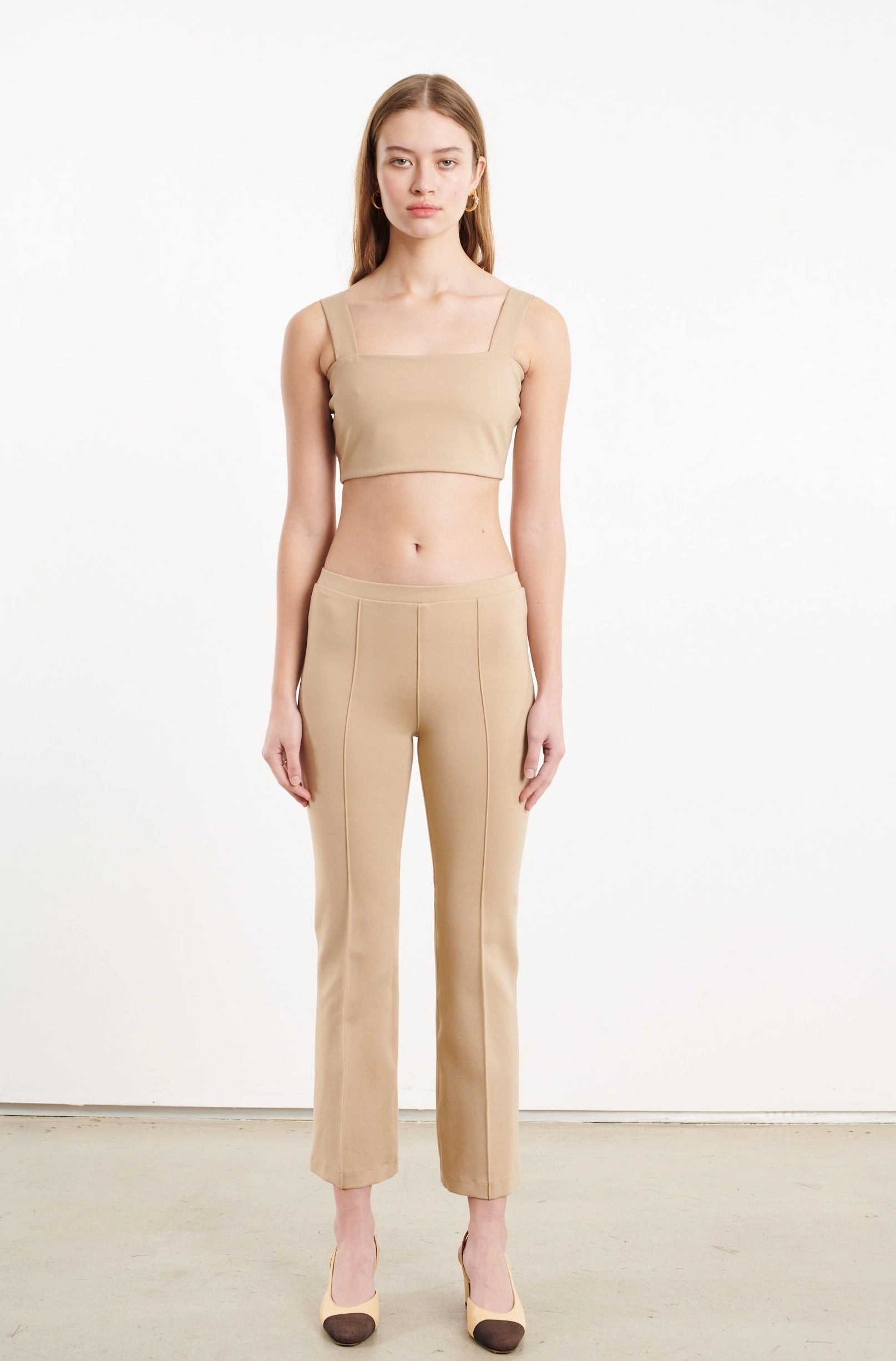 Double Needle Stitching Khaki Casanova Pintuck Ankle Flare